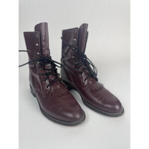 Vintage Justin Lace Up Boots Women Sz 8.5B Burgundy Leather Style L510